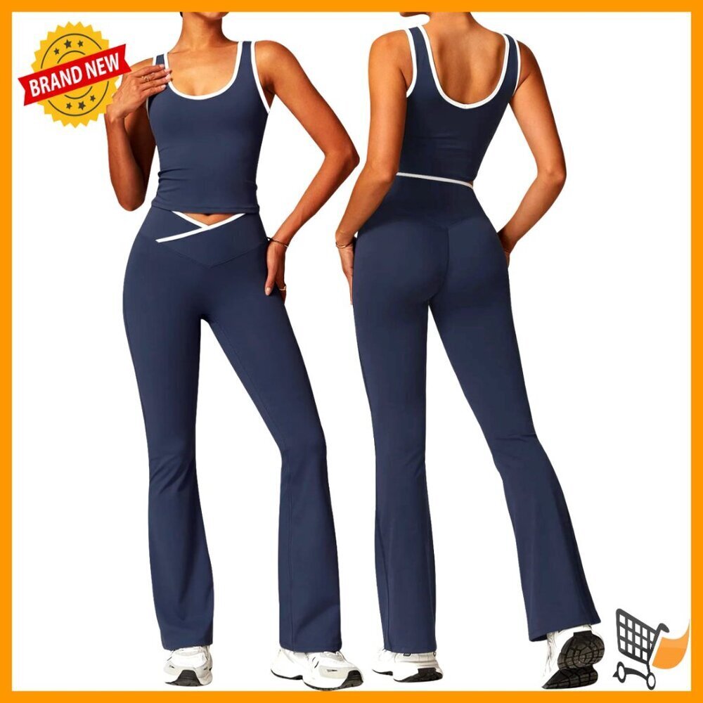 Workout Set Crossover Flare Leggings Crop Tank Top Yoga Gym Outfit Chic